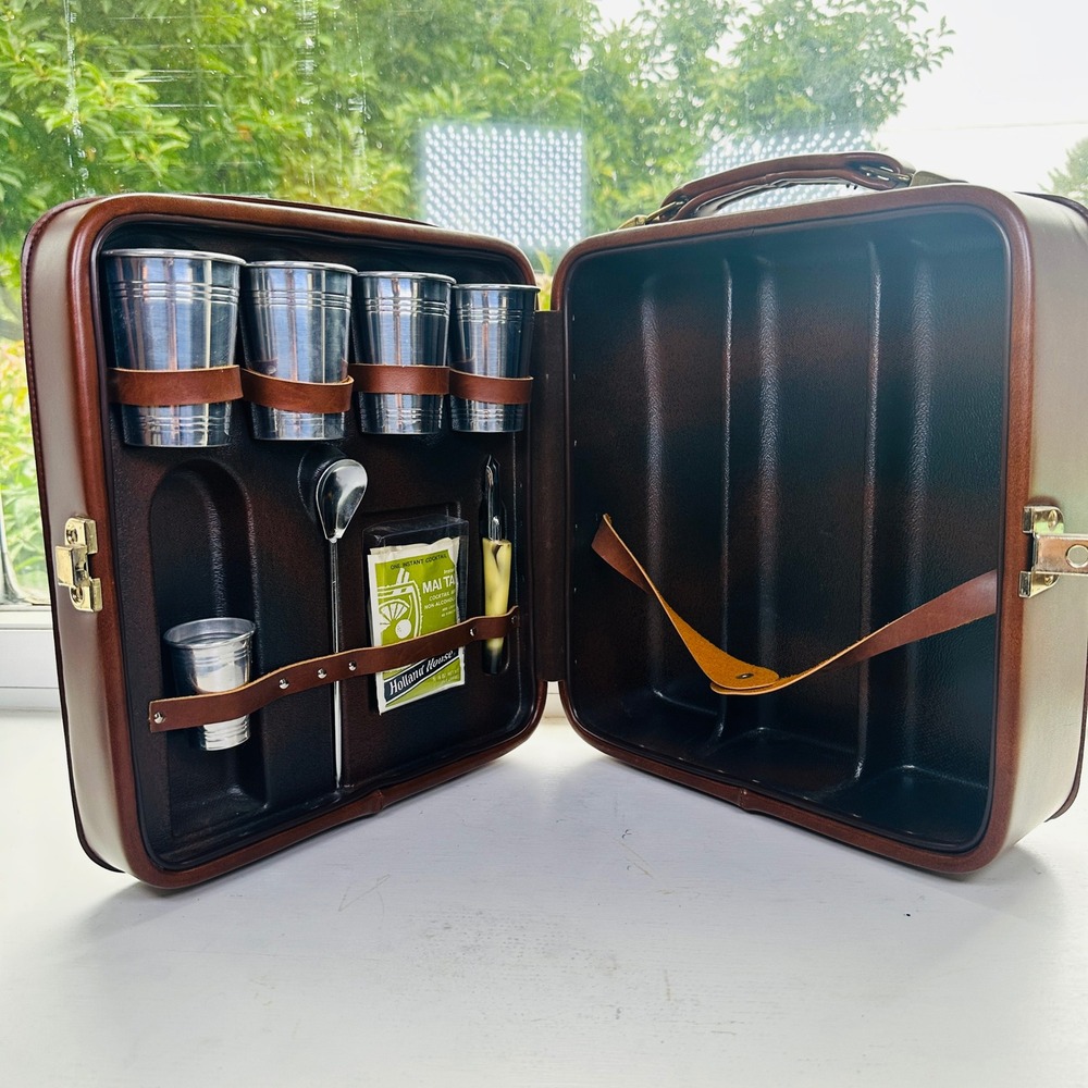 Vintage Travel Bar Set Portable Brown Case Stainless Steel Cups Barware Kit